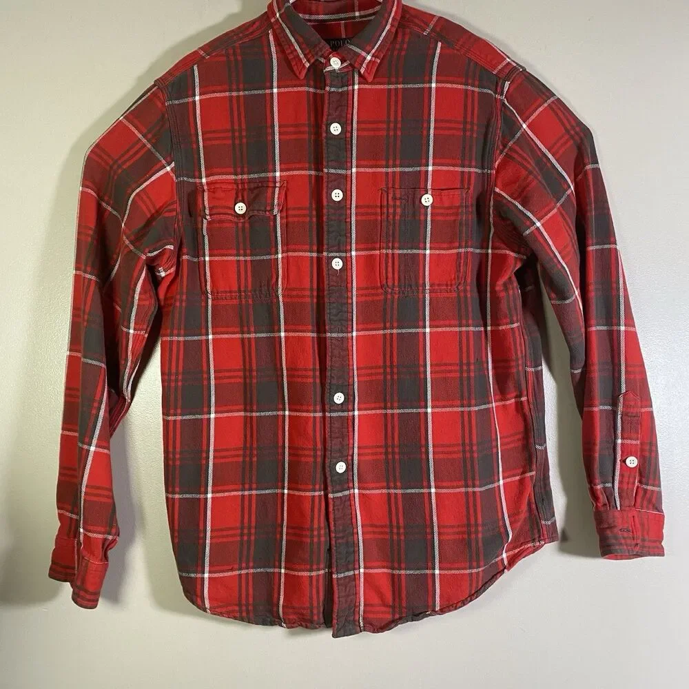 Polo Ralph Lauren Shirt Mens Large Red Plaid Flannel Classic Fit Pocket
